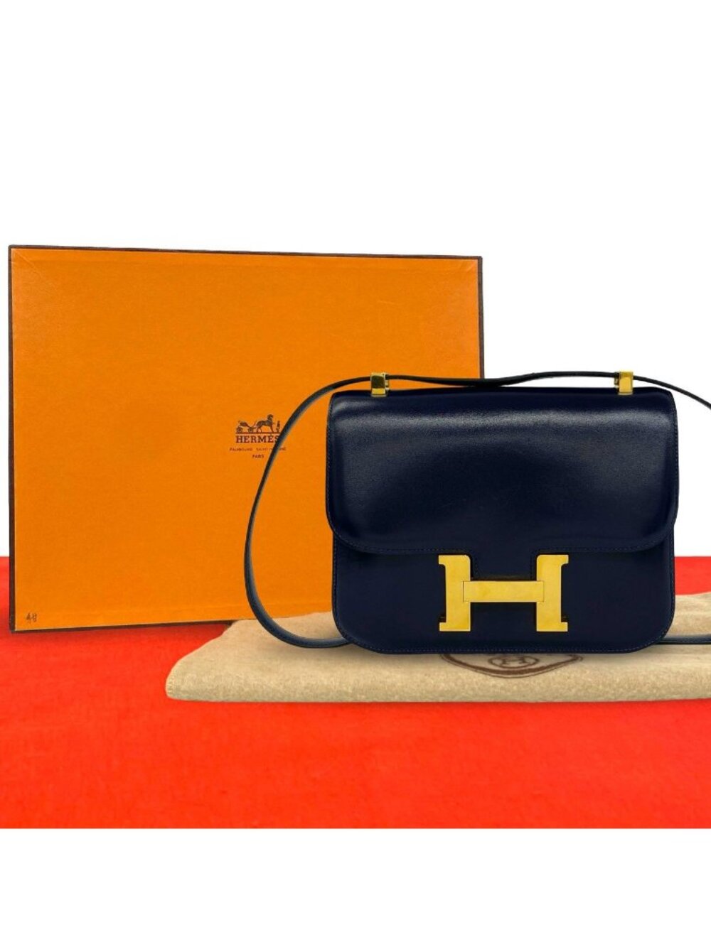 Hermes Constance 23 Box Calf Shoulder Bag Pochette Blue Indigo Navy